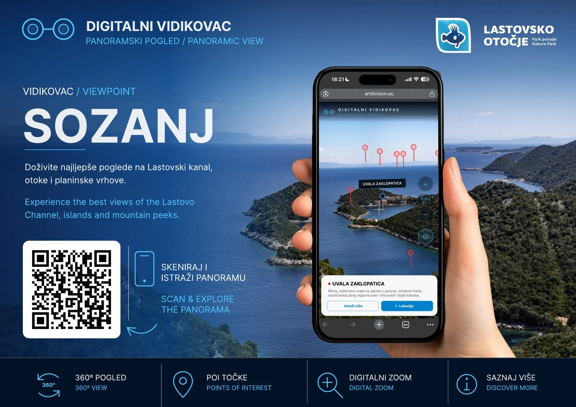 Tabla digitalnog vidikovca Sozanj u Parku prirode Lastovsko otočje: QR kod, mobitel s panoramom i označenim točkama, upute na hrvatskom i engleskom